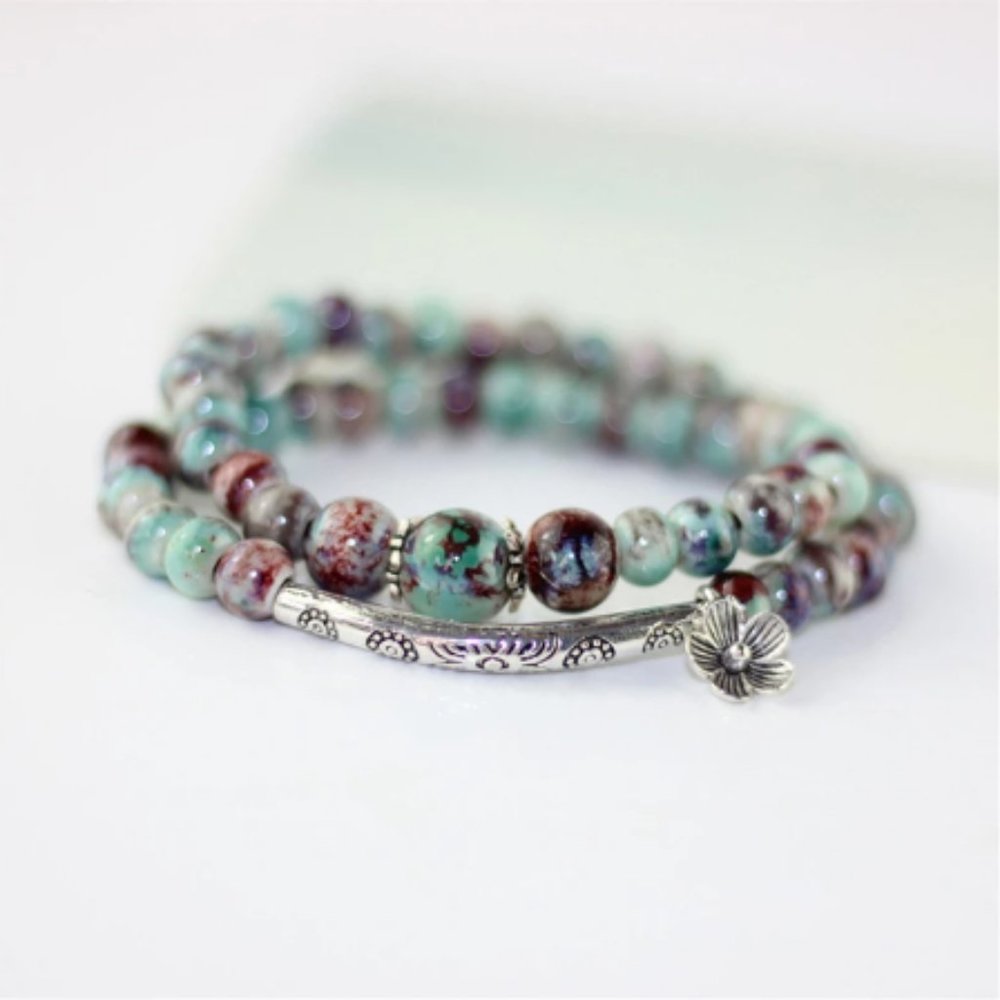 Bohemian Handmade Flower Charm With Flora Ornate Silver Slider Bead Bracelet